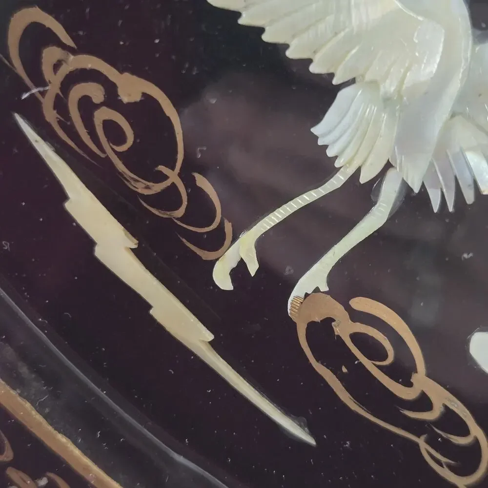 Vintage Asian Mother of Pearl Bird Lacquer Wall Clock 12” Japanese Crane Black